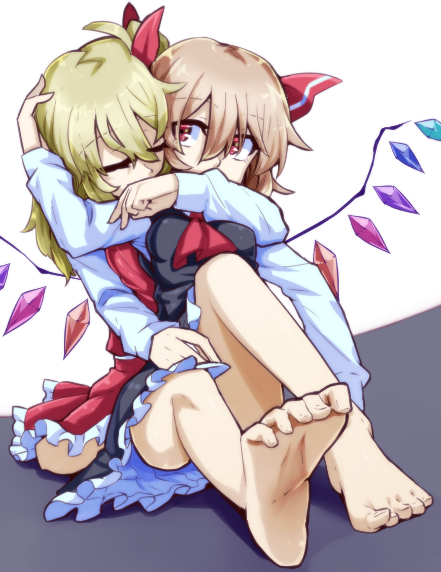 2girls arm_around_neck arm_up ascot bad_feet bangs bare_legs barefoot behind_another black_dress blonde_hair closed_eyes couple covered_mouth crystal dress eyebrows_visible_through_hair feet flandre_scarlet full_body hair_between_eyes hair_ribbon hand_on_another's_head hug hug_from_behind knee_up long_sleeves looking_at_another looking_to_the_side manekinekoppoi_inu medium_hair miniskirt multiple_girls one_side_up red_ascot red_eyes red_skirt red_vest ribbon rumia shirt short_dress skirt skirt_set soles toenails toes touhou vest white_shirt wings yuri