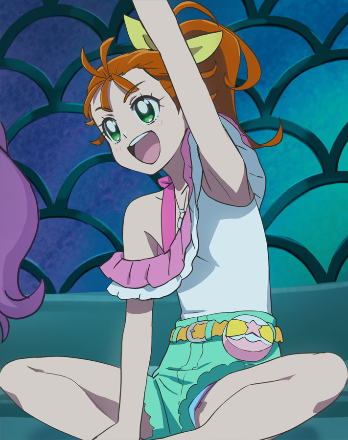 2girls :d arm_up armpits blush green_eyes green_shorts hair_ribbon haruyama_kazunori indian_style laura_(precure) long_hair multiple_girls natsuumi_manatsu open_mouth orange_belt orange_hair panties pantyshot pink_hair precure ribbon short_hair shorts sitting smile tropical-rouge!_precure underwear upper_teeth white_panties yellow_ribbon