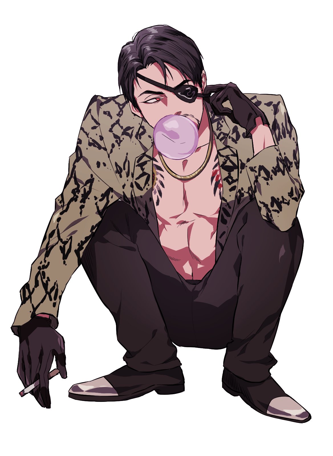 1boy adjusting_eyepatch animal_print black_footwear black_gloves black_hair black_pants bubble chewing_gum cigarette gloves gold_necklace highres jacket jewelry leather leather_gloves majima_gorou male_focus mature_male necklace one-eyed open_clothes open_jacket pants print_eyepatch red_eyes ryuu_ga_gotoku samuraisamurai shadow shoes short_hair snake_print squatting white_background