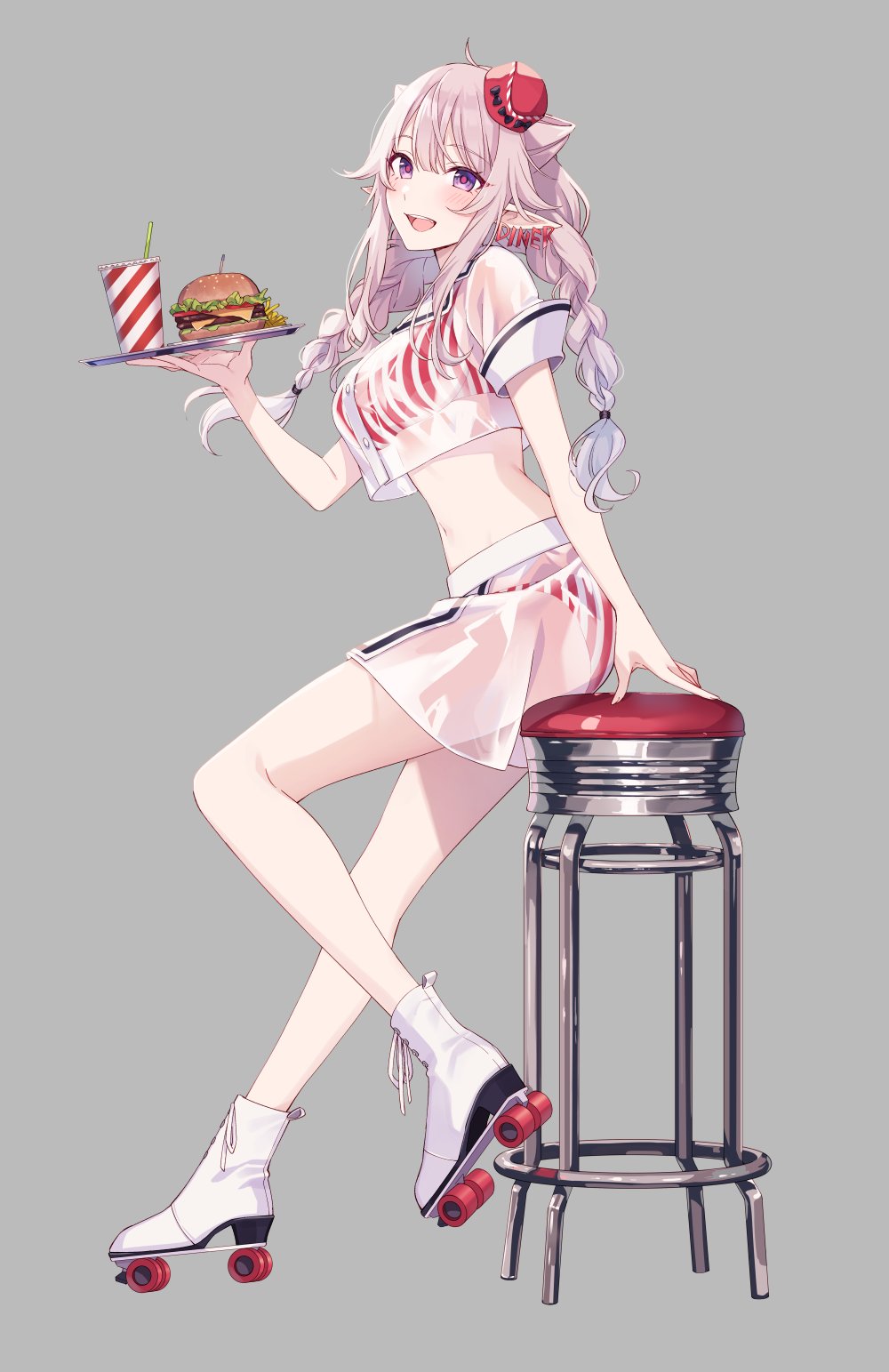 1girl bangs bar_stool braid burger commentary_request crop_top cup disposable_cup drinking_straw eyebrows_visible_through_hair food full_body grey_background headwear highres holding holding_tray legs light_purple_hair long_hair looking_at_viewer midriff miniskirt original pointy_ears red_stripes roller_shoes roller_skates see-through shadow shoes short_sleeves sidelocks skates skirt solo stool striped_underwear tilted_headwear tomari_(veryberry00) toothpick tray twin_braids violet_eyes waitress white_footwear