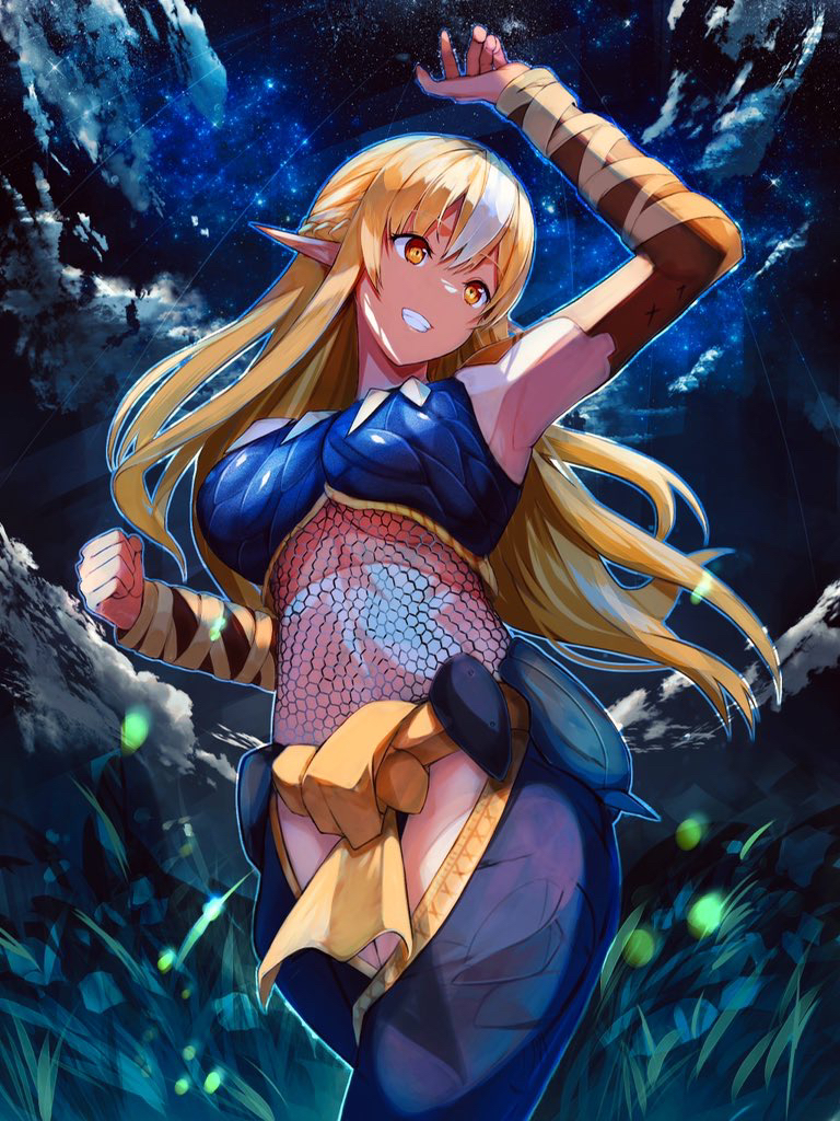 1girl armor blonde_hair breasts dark_skin dark-skinned_female elf eyebrows_visible_through_hair fishnets hololive large_breasts long_hair looking_at_viewer maruno_ball midriff monster_hunter_(series) monster_hunter_rise nargacuga_(armor) navel open_mouth panties pointy_ears shiranui_flare smile solo thigh-highs underwear virtual_youtuber