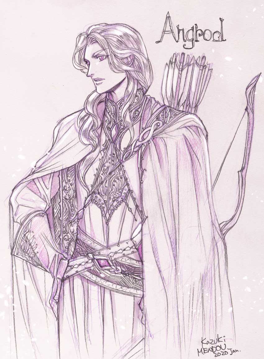 1boy 1girl angrod armor arrow_(projectile) belt bow_(weapon) cape character_name dated gloves graphite_(medium) hand_on_hip kazuki-mendou long_hair male_focus monochrome parted_lips pointy_ears purple_theme quiver signature silmarillion solo traditional_media weapon