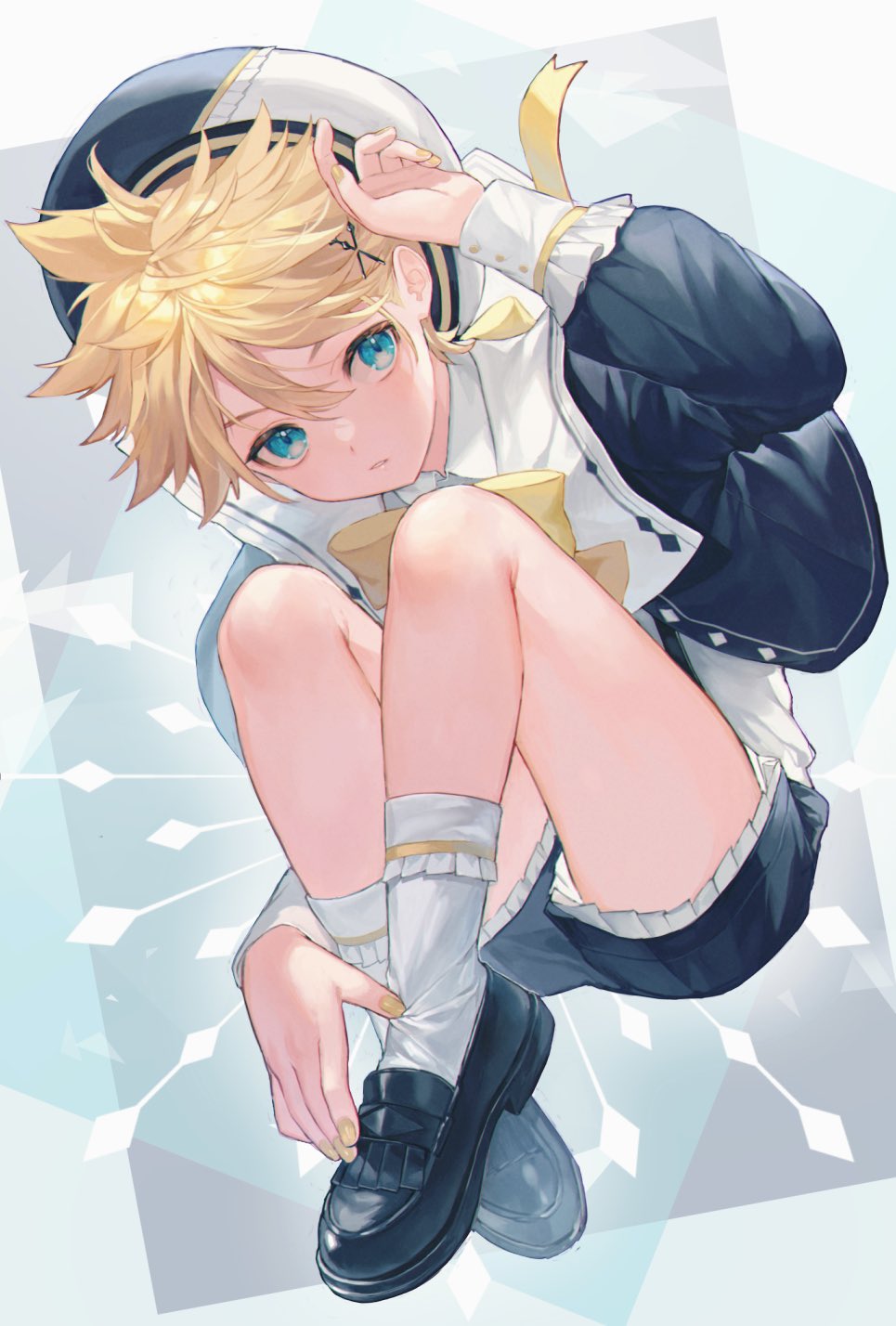 1boy alternate_costume bangs black_footwear blonde_hair blue_eyes blue_jacket commentary_request frilled_shorts frills full_body hair_between_eyes hair_ornament hairclip hand_up hat highres invisible_chair jacket kagamine_len knees_to_chest leaning_forward legs long_sleeves nail_polish ribbon sailor_hat shadow shinotarou_(nagunaguex) shiny shiny_hair short_hair shorts sitting socks solo vocaloid white_legwear yellow_nails yellow_ribbon