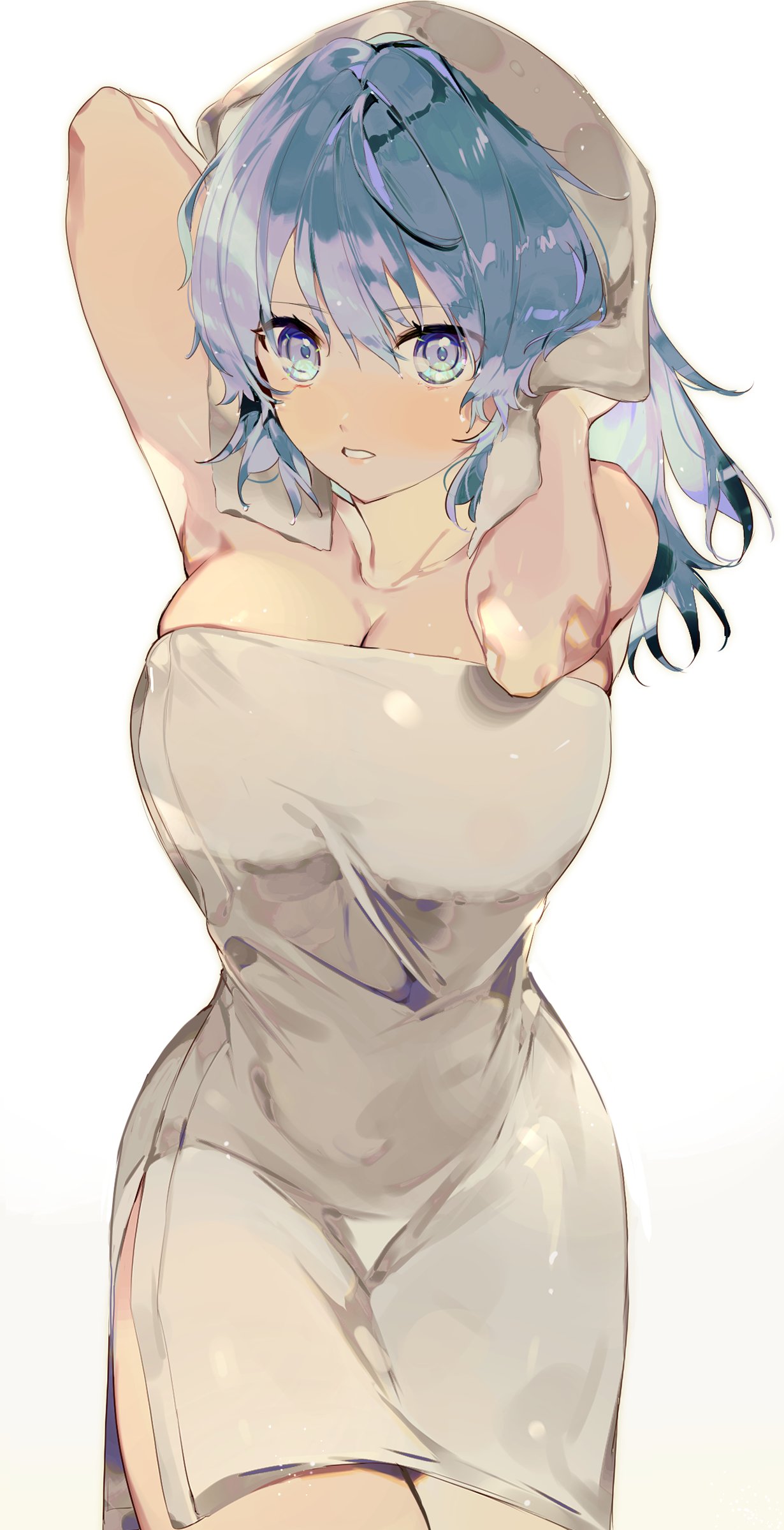1girl blue_eyes blue_hair blush breasts byleth_(fire_emblem) byleth_eisner_(female) closed_mouth covering fire_emblem fire_emblem:_three_houses hair_ornament highres large_breasts long_hair looking_at_viewer medium_hair meunhongcha naked_towel soaking_feet solo steam towel wet_towel white_background white_towel