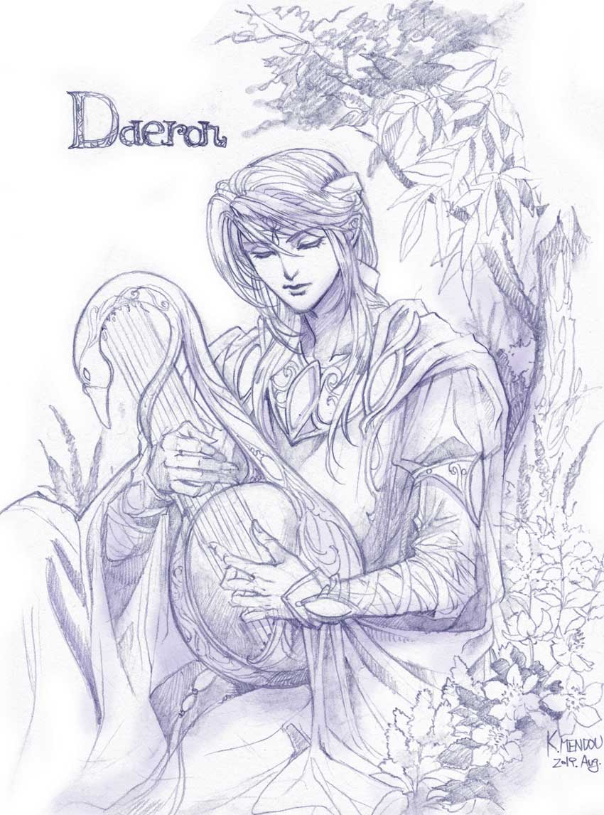 1boy character_name closed_eyes closed_mouth daeron_(silmarillion) dated fingernails graphite_(medium) greyscale harp holding holding_instrument instrument kazuki-mendou long_hair male_focus monochrome music pants playing_instrument pointy_ears robe signature silmarillion sitting solo traditional_media tree