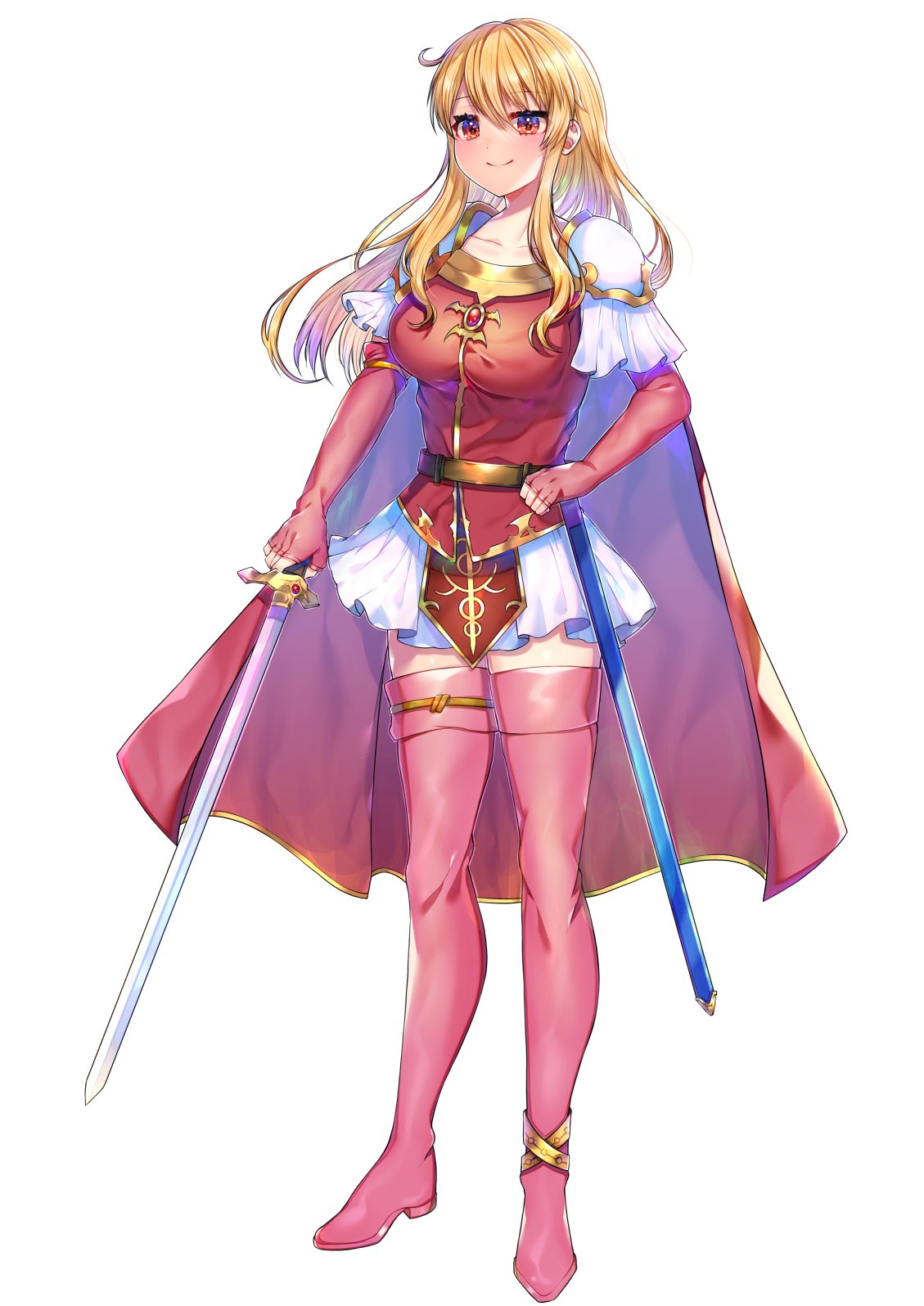 1girl akirannu armor blonde_hair boots cape fingerless_gloves fire_emblem fire_emblem:_genealogy_of_the_holy_war full_body gloves highres holding holding_weapon lachesis_(fire_emblem) long_hair red_eyes shoulder_armor skirt smile sword thigh-highs thigh_boots weapon white_background