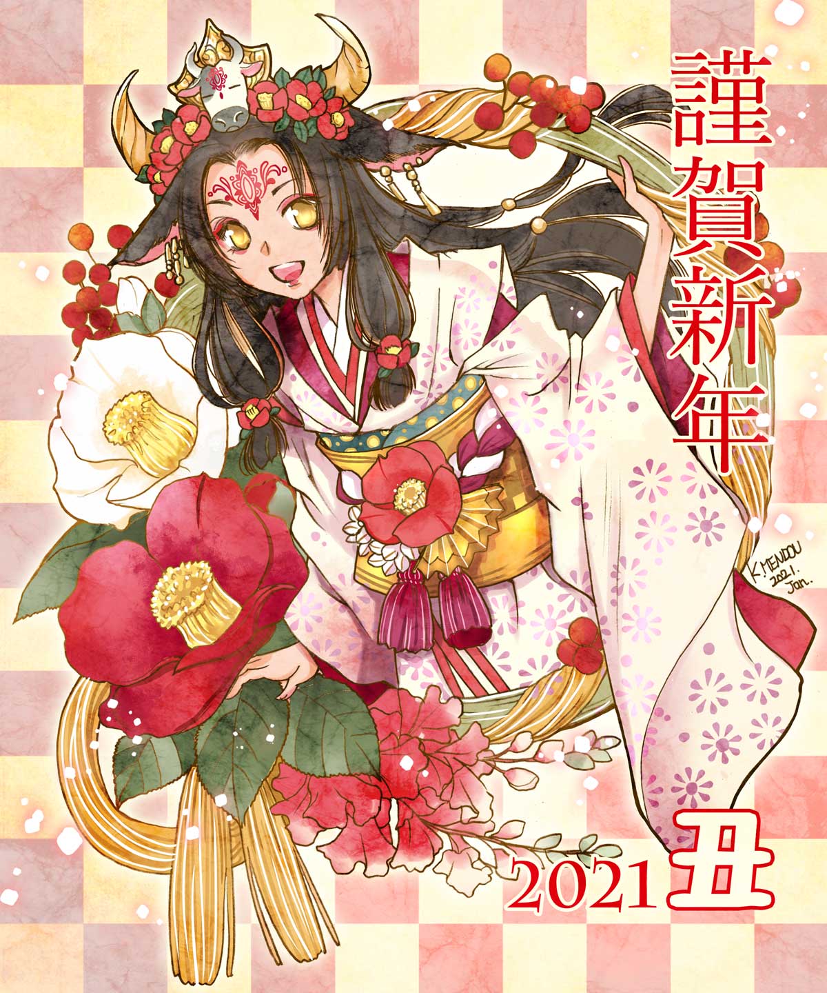 1girl :d animal_ears chinese_zodiac cow_ears cow_tail dated eyeshadow flower hand_up highres horns japanese_clothes kazuki-mendou kimono leaf long_sleeves looking_at_viewer makeup minigirl obi open_mouth original pink_kimono red_flower sash signature smile solo tail tassel white_flower wide_sleeves year_of_the_ox yellow_eyes yellow_sash