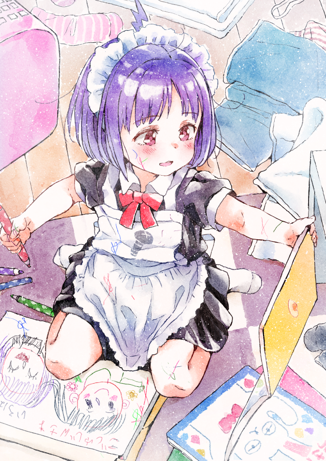 1girl ahoge apron bangs black_dress blush bow child child_drawing collared_dress commentary_request dress eyebrows_visible_through_hair gomennasai holding indoors maid maid_apron maid_headdress messy_room no_shoes original outstretched_arm puffy_short_sleeves puffy_sleeves purple_hair red_bow red_eyes short_sleeves sitting smile socks solo translation_request upper_teeth wariza white_legwear wooden_floor