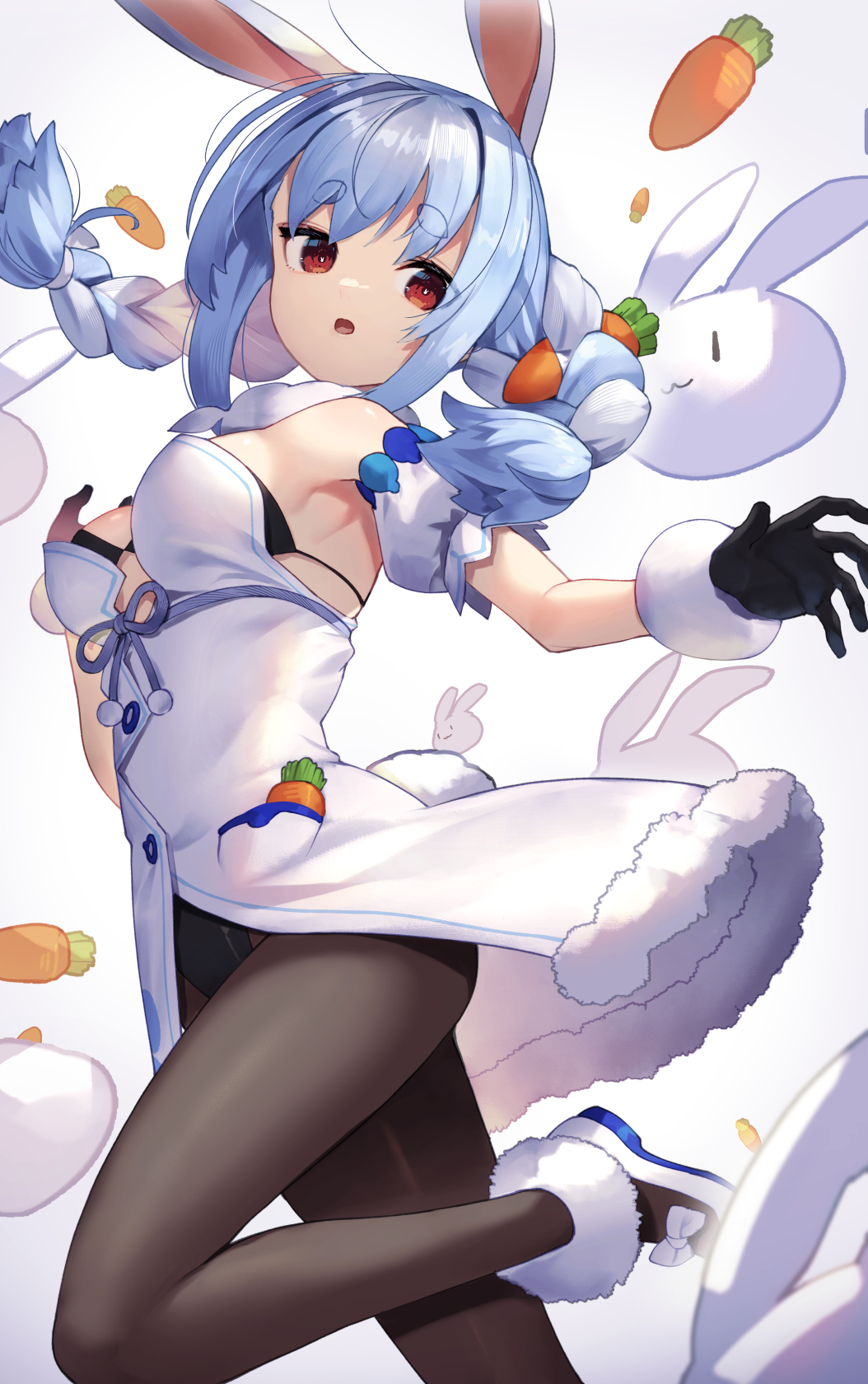 1girl animal_ears bangs black_bra black_gloves black_leotard blue_hair bra braid breasts bunny_tail carrot_hair_ornament commentary_request detached_sleeves dress eyebrows_visible_through_hair food_themed_hair_ornament gloves hair_ornament highres hololive leotard leotard_under_clothes long_hair looking_at_viewer multicolored_hair nousagi_(usada_pekora) pantyhose rabbit_ears rabbit_girl red_eyes shoes short_eyebrows solo standing standing_on_one_leg streaked_hair sukocchi tail thick_eyebrows twin_braids twintails underwear usada_pekora virtual_youtuber white_background white_dress white_footwear white_hair
