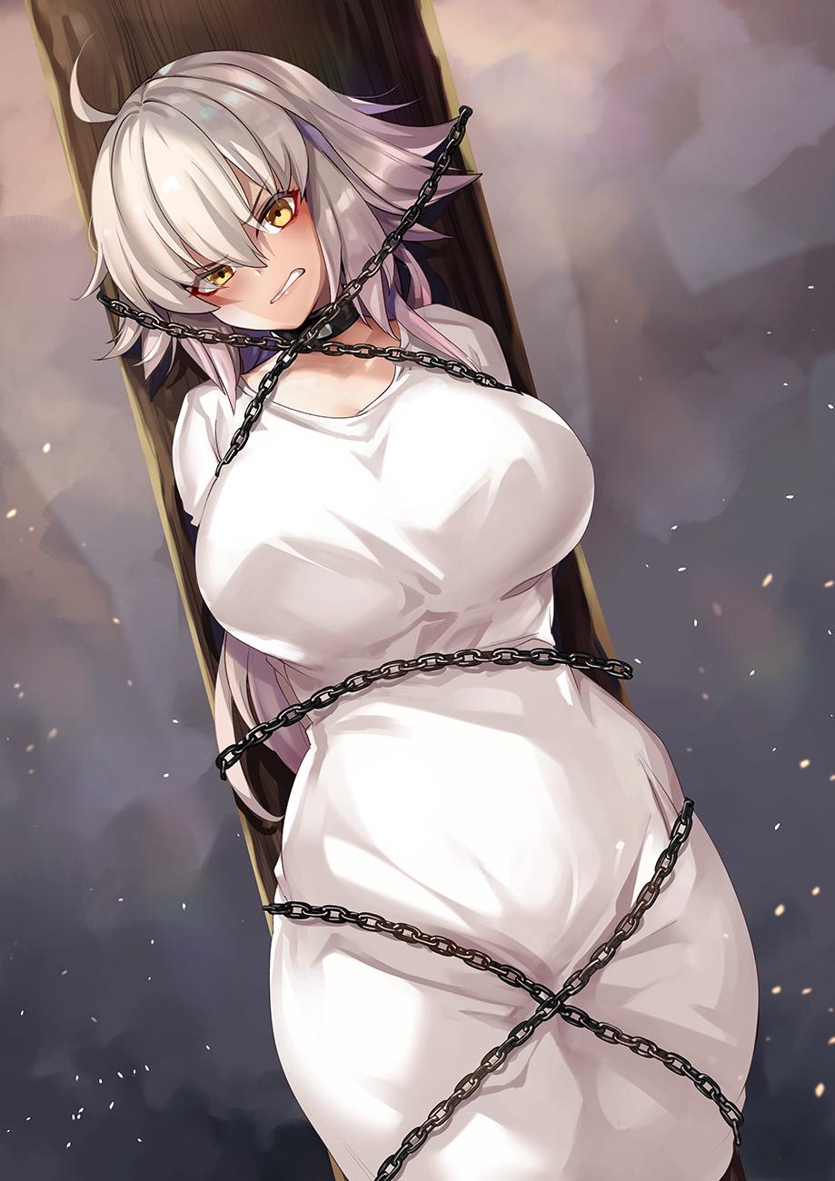 1girl ahoge arms_behind_back bound breasts chain chained fate/grand_order fate_(series) grey_hair highres jeanne_d'arc_(alter)_(fate) jeanne_d'arc_(fate)_(all) large_breasts long_hair pole ruri_rarako solo white_robe yellow_eyes
