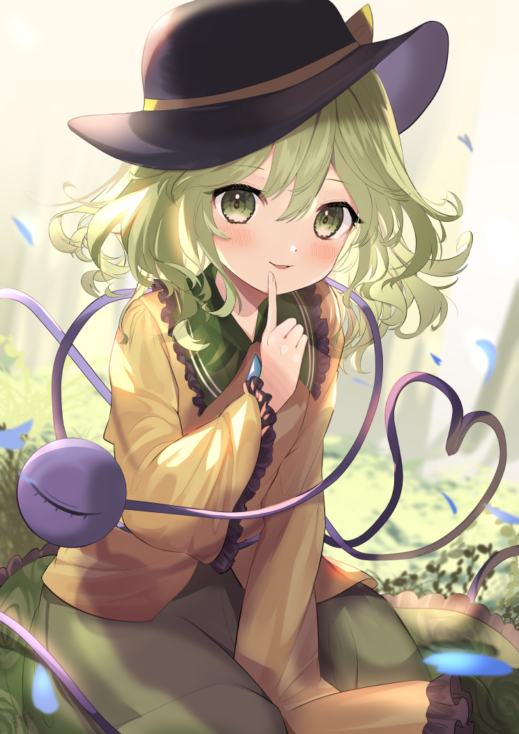 1girl bloom blouse blurry blush depth_of_field dutch_angle eyeball falling_petals finger_to_mouth floral_print frills goma_(u_p) green_eyes green_hair green_skirt hand_up hat heart heart_of_string komeiji_koishi looking_at_viewer medium_hair outdoors parted_lips petals seiza sitting skirt smile solo third_eye touhou tree wide_sleeves yellow_blouse