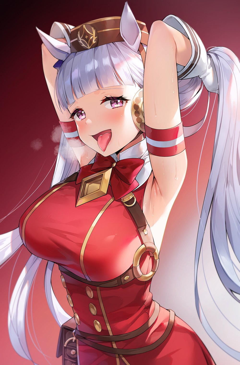 1girl animal_ears armpits arms_behind_head ayamy bangs blunt_bangs breasts gold_ship_(umamusume) gradient gradient_background highres horse_ears horse_girl large_breasts long_hair looking_at_viewer naughty_face ponytail red_neckwear solo sweat umamusume uniform violet_eyes white_hair