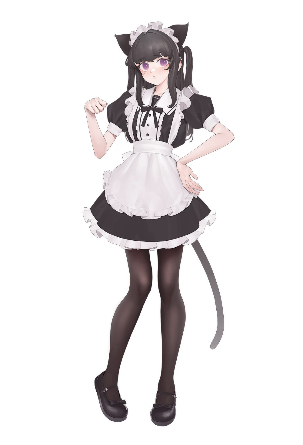 1girl animal_ears apron bangs black_bow black_dress black_footwear black_hair black_legwear blush bow cat_ears cat_tail commentary dress footwear_bow frilled_dress frills full_body highres long_hair looking_at_viewer maid maid_apron maid_headdress mary_janes ni_(221) original pantyhose paw_pose puffy_short_sleeves puffy_sleeves shoes short_sleeves simple_background solo standing tail violet_eyes waist_apron white_background