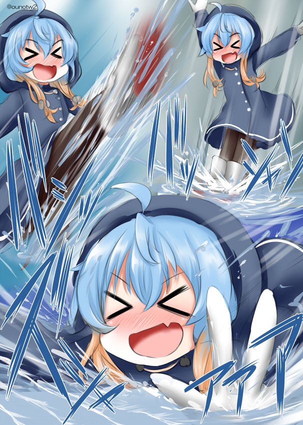 &gt;_&lt; :d ahoge bangs blue_coat blue_hair blush boots closed_eyes coat eyebrows_visible_through_hair fang gloves hood hood_up jumping kantai_collection laughing multicolored_hair open_mouth ouno_(nounai_disintegration) playing puddle rain raincoat rubber_boots sado_(kancolle) smile sound_effects splashing thigh-highs water wet xd
