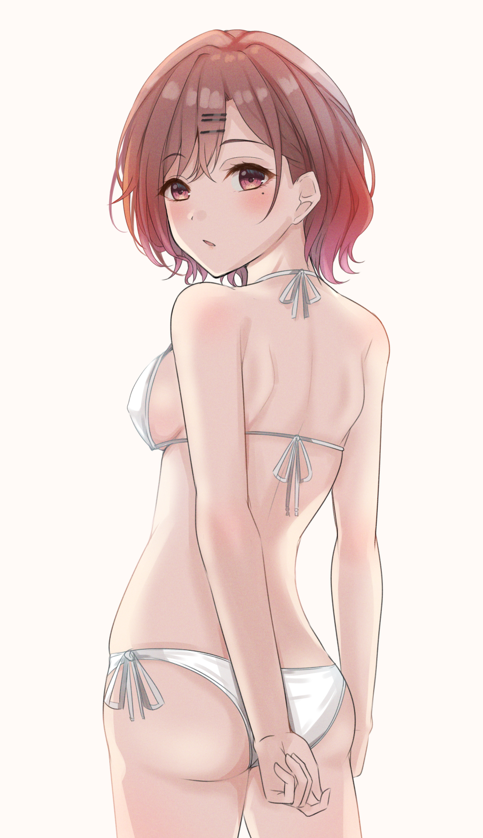 1girl :o arm_behind_back ass bangs bare_arms bare_shoulders bikini blush breasts eyebrows_visible_through_hair hair_ornament hairclip halterneck highres higuchi_madoka idolmaster idolmaster_shiny_colors looking_at_viewer looking_back medium_breasts mole mole_under_eye open_mouth red_eyes redhead short_hair side-tie_bikini sideboob simple_background solo swimsuit swimwear white_background white_bikini white_swimsuit yuzuyu_(hyui)