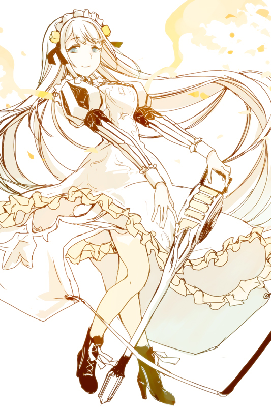 1girl blue_eyes boots closed_mouth dress energy_wings flower hair_flower hair_ornament long_hair long_sleeves looking_at_viewer maid_headdress moo_alice_moo petals puffy_sleeves rapunzel_(sinoalice) ribbon sidelocks sinoalice smile solo watering_can white_background white_hair wings yellow_flower