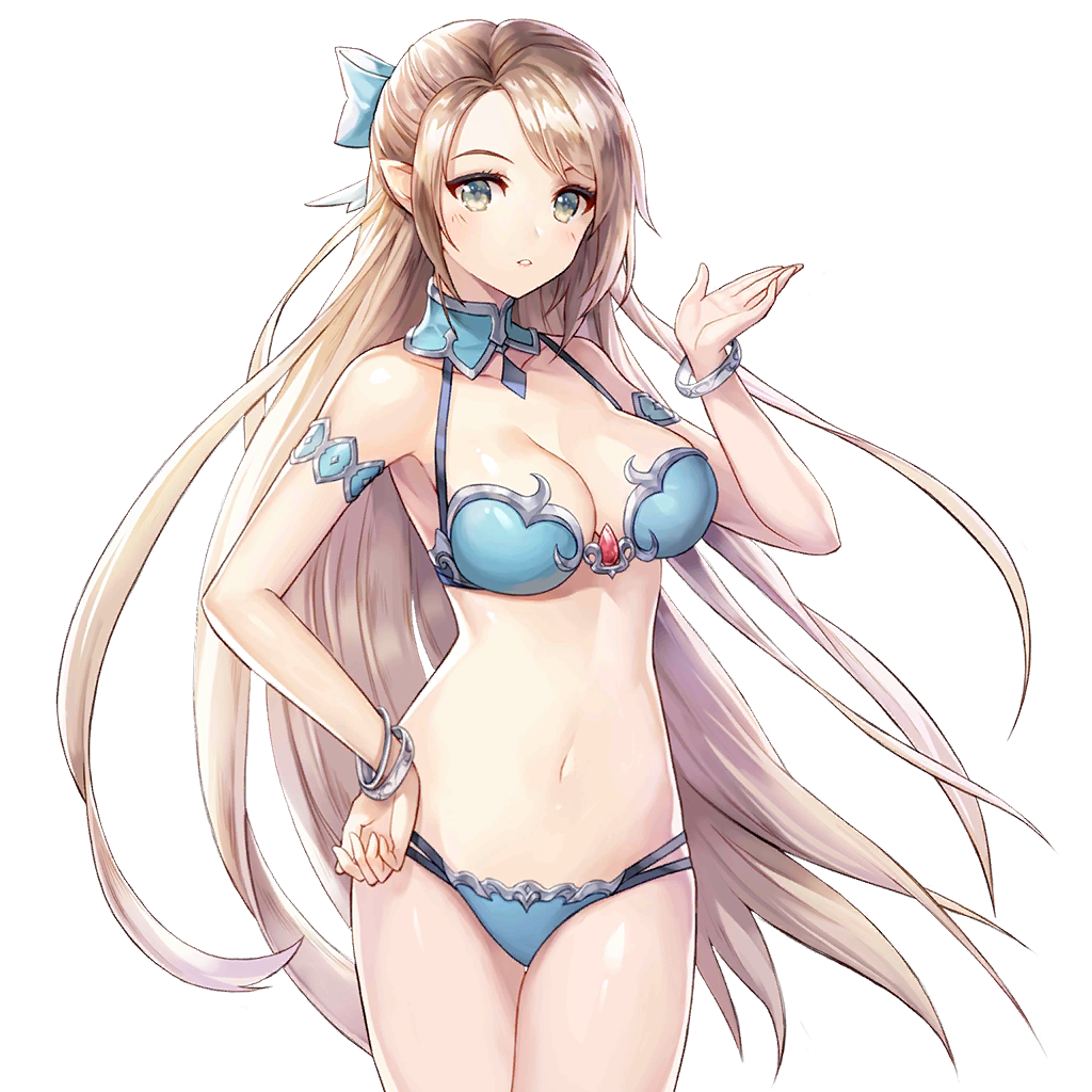 1girl armpits bangle bare_shoulders bikini blue_bikini bow bracelet breasts brown_hair cowboy_shot detached_collar elf grey_eyes hair_bow halterneck hand_on_hip hand_up jewelry king's_raid long_hair looking_at_viewer medium_breasts multi-strapped_bikini navel official_art parted_lips pointy_ears selene_(king's_raid) sidelocks solo standing stomach string_bikini swimsuit thighs transparent_background very_long_hair