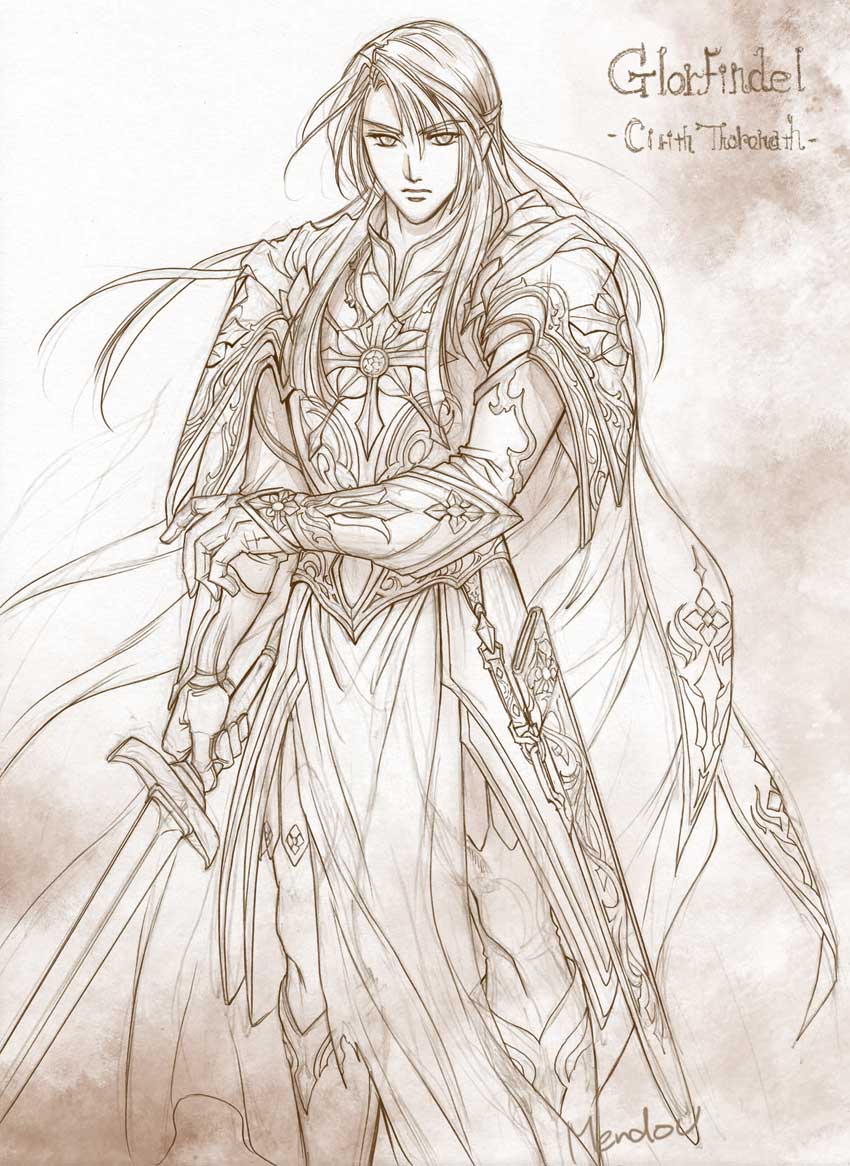 1boy armor boots bracer breastplate character_name closed_mouth full_armor glorfindel holding holding_sword holding_weapon kazuki-mendou long_hair looking_at_viewer male_focus pauldrons pelvic_curtain scabbard sheath shoulder_armor silmarillion solo sword traditional_media unsheathed weapon