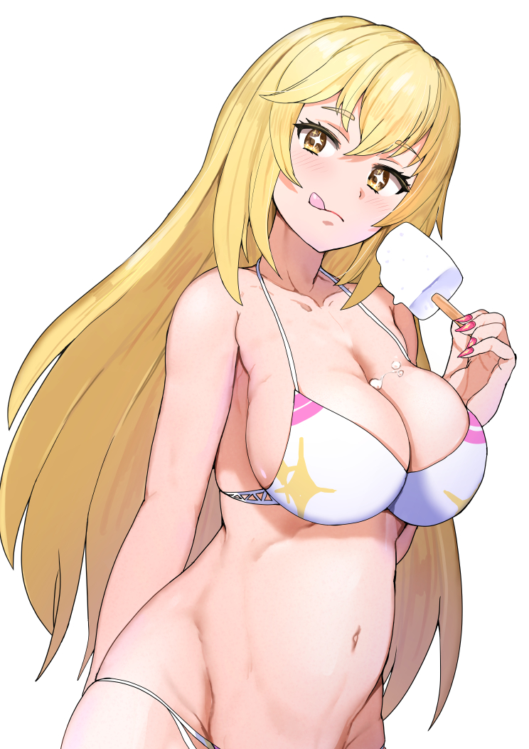 +_+ 1girl :q bikini blonde_hair blush breasts commentary_request eyebrows_visible_through_hair food food_on_breasts holding large_breasts long_hair looking_at_viewer navel popsicle shokuhou_misaki sikijou77o simple_background solo stomach swimsuit toaru_kagaku_no_railgun toaru_majutsu_no_index tongue tongue_out white_background white_bikini yellow_eyes