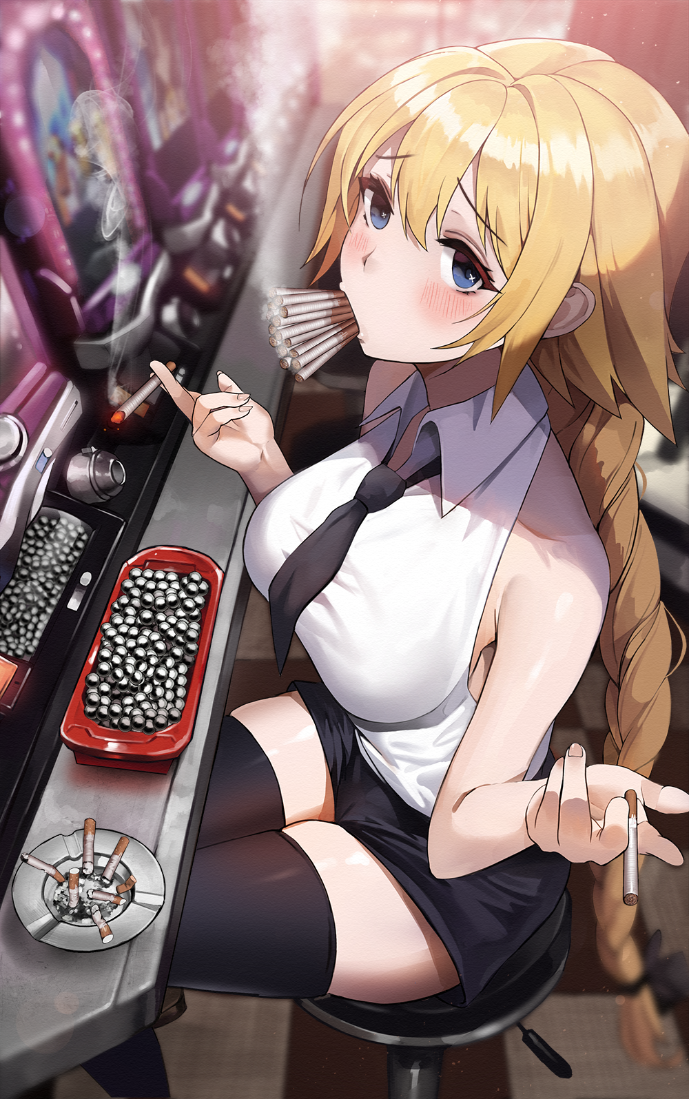 1girl ashtray bangs bare_shoulders black_legwear black_neckwear black_shorts blonde_hair blue_eyes blurry blurry_background blush braid casino cigarette collared_shirt commentary_request fate/grand_order fate_(series) highres holding holding_cigarette indoors jeanne_d'arc_(fate) jeanne_d'arc_(fate)_(all) long_hair looking_at_viewer mouth_hold necktie shirt short_necktie shorts single_braid sitting skindentation sleeveless sleeveless_shirt smoke smoking solo suou-sensei thigh-highs too_many very_long_hair