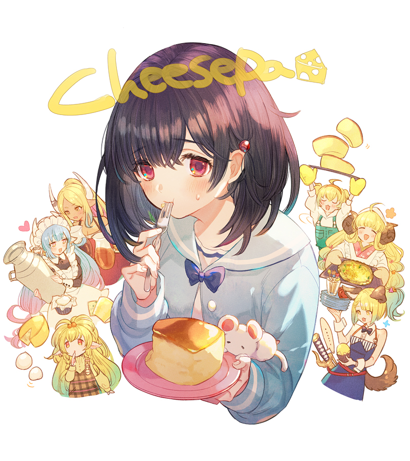 6+girls a082 ahoge andira_(granblue_fantasy) anila_(granblue_fantasy) animal_ears apron black_hair blonde_hair blue_bow blue_hair blue_jacket blush bow bowtie cake cake_slice cheese closed_eyes dark_skin dog_ears dog_tail draph eating english_text erune food fork goat_horns granblue_fantasy hair_ornament heart horns jacket kuvira_(granblue_fantasy) long_hair mahira_(granblue_fantasy) maid_apron maid_headdress milk_churn multiple_girls open_mouth oven_mitts overalls plate pointy_ears rat red_eyes shatola_(granblue_fantasy) short_hair solo_focus sweatdrop sword tail tray twintails two_side_up upper_body vajra_(granblue_fantasy) vikala_(granblue_fantasy) weapon white_background