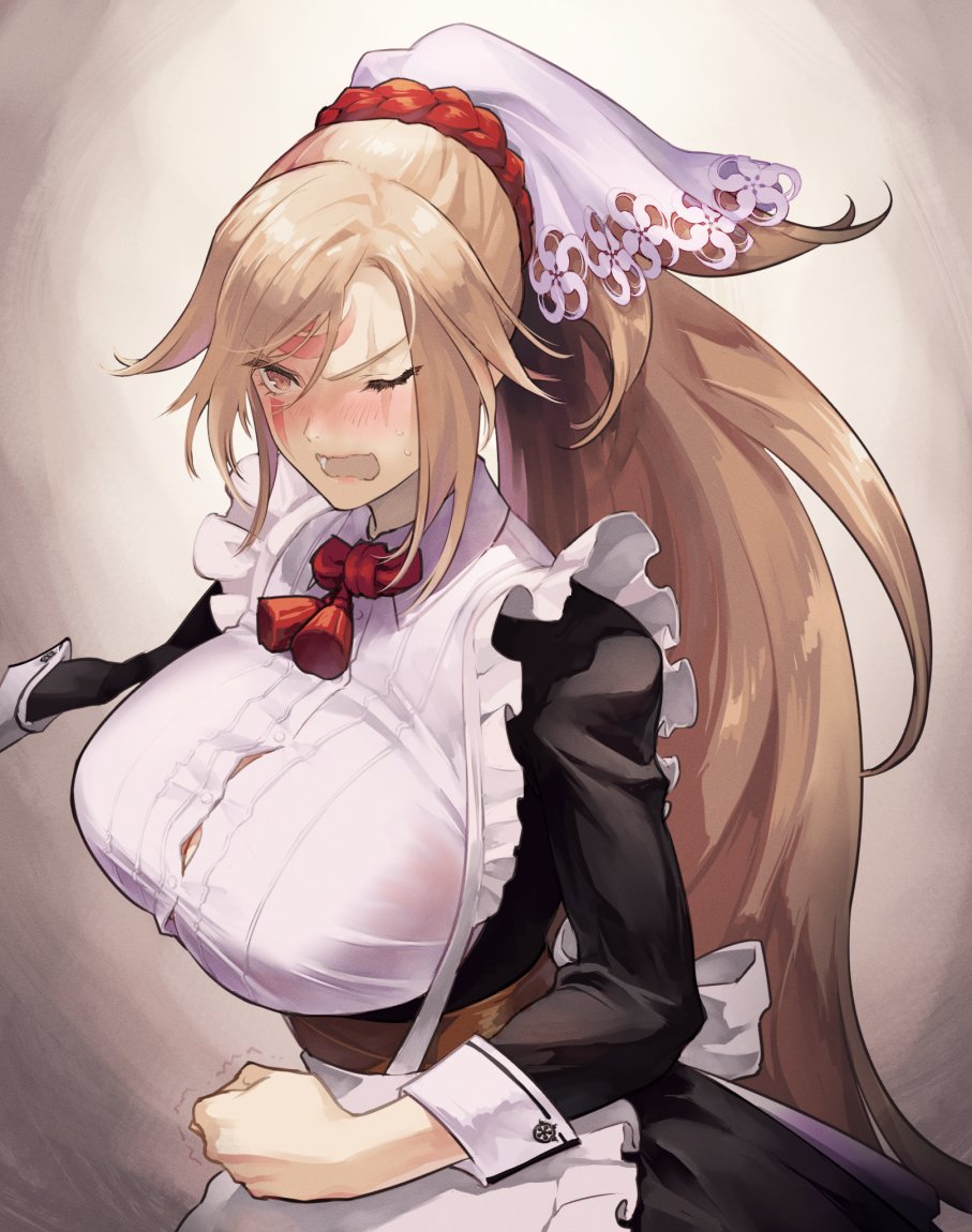1girl alternate_costume amputee baiken breasts brown_hair clenched_hands dress facial_tattoo frills guilty_gear guilty_gear_xrd high_ponytail jako_(toyprn) large_breasts maid maid_headdress one-eyed ponytail scar scar_across_eye tattoo wrist_cuffs