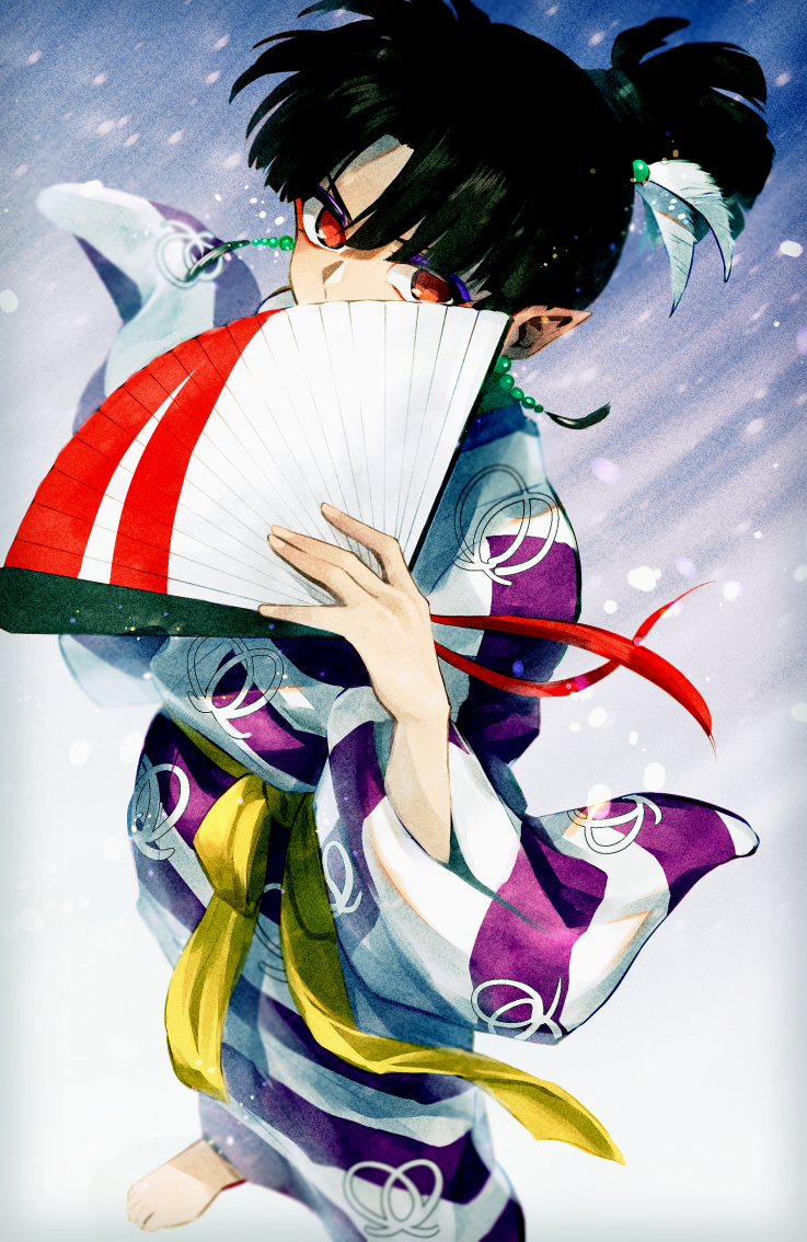 1girl barefoot earrings eyeshadow feather_hair_ornament feathers hair_ornament hand_fan holding holding_fan inuyasha japanese_clothes jewelry kagura_(inuyasha) kimono long_sleeves looking_at_viewer makeup outdoors paper_fan pointy_ears red_eyes red_ribbon ribbon solo soraao0322 standing wide_sleeves