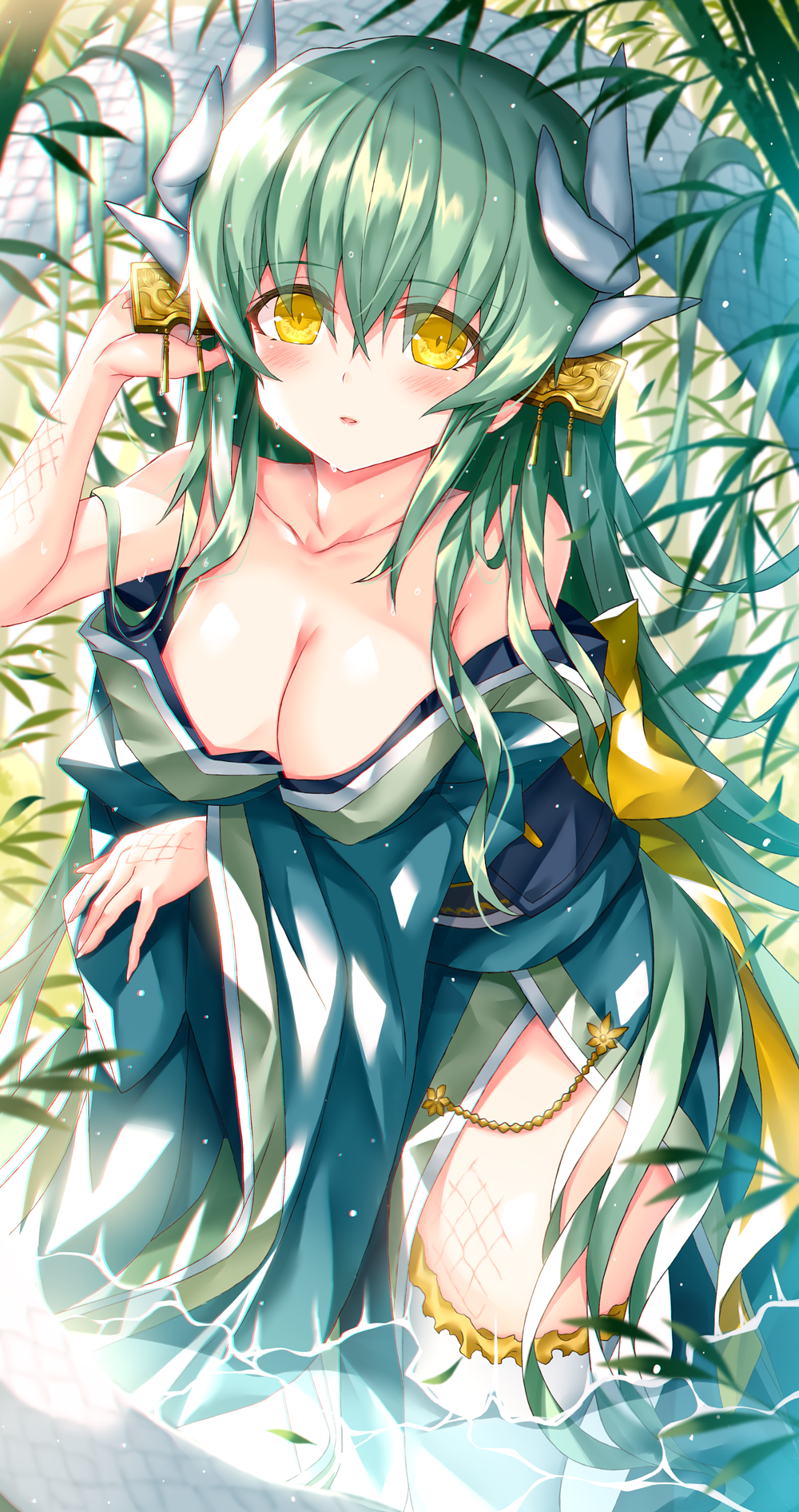 1girl breasts collarbone dragon_girl dragon_horns fate/grand_order fate_(series) green_hair green_kimono highres horns japanese_clothes kimono kiyohime_(fate) large_breasts long_hair morizono_shiki multiple_horns obi off_shoulder sash solo thigh-highs white_legwear wide_sleeves yellow_eyes