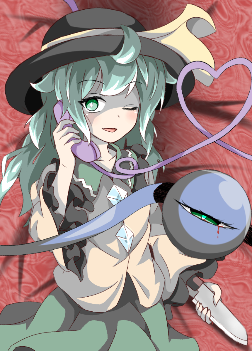 1girl blouse blush bright_pupils commentary_request cowboy_shot eyeball frills green_eyes green_hair green_skirt hat heart heart_of_string holding holding_knife holding_phone kakineko knife komeiji_koishi long_hair looking_at_viewer one_eye_closed open_mouth phone red_background simple_background skirt solo third_eye touhou white_pupils wide_sleeves yellow_blouse