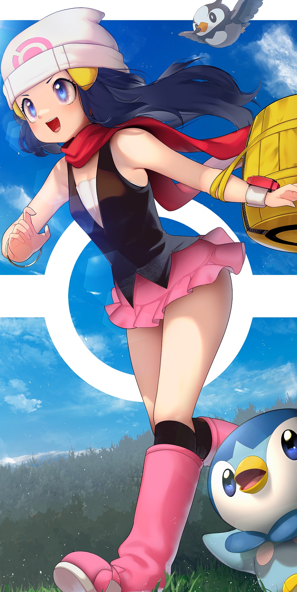 1girl black_hair black_shirt blue_eyes blue_sky boots clouds cloudy_sky hikari_(pokemon) gen_4_pokemon grass hat highres kashu_(hizake) long_hair open_mouth outdoors pink_footwear pink_skirt piplup pokemon pokemon_(game) pokemon_dppt shadow shirt skirt sky sleeveless sleeveless_shirt smile solo