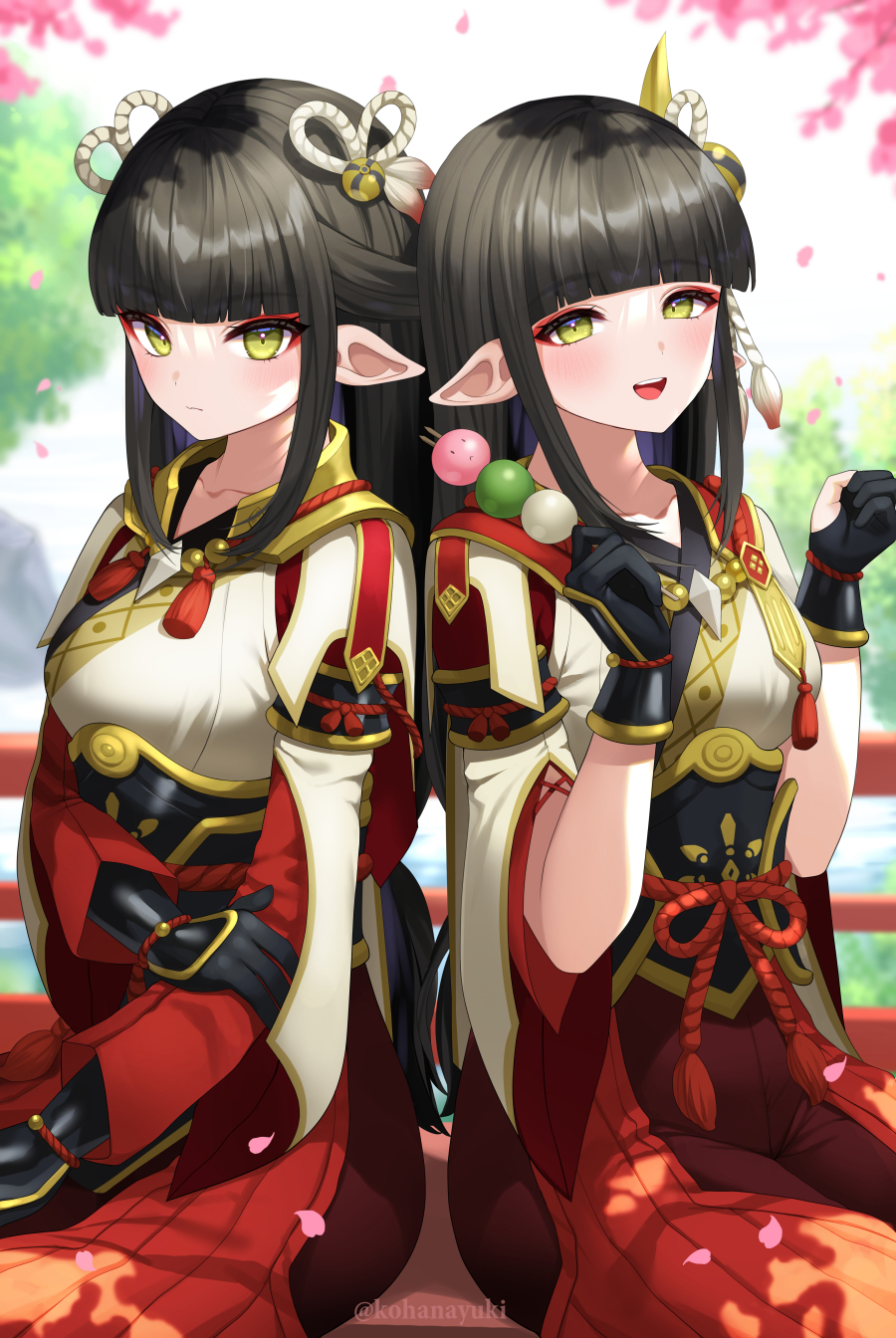 2girls bangs black_hair blush hinoa japanese_clothes kimono long_hair minoto monster_hunter monster_hunter_(series) monster_hunter_rise pointy_ears siblings twins xiaohuaxue