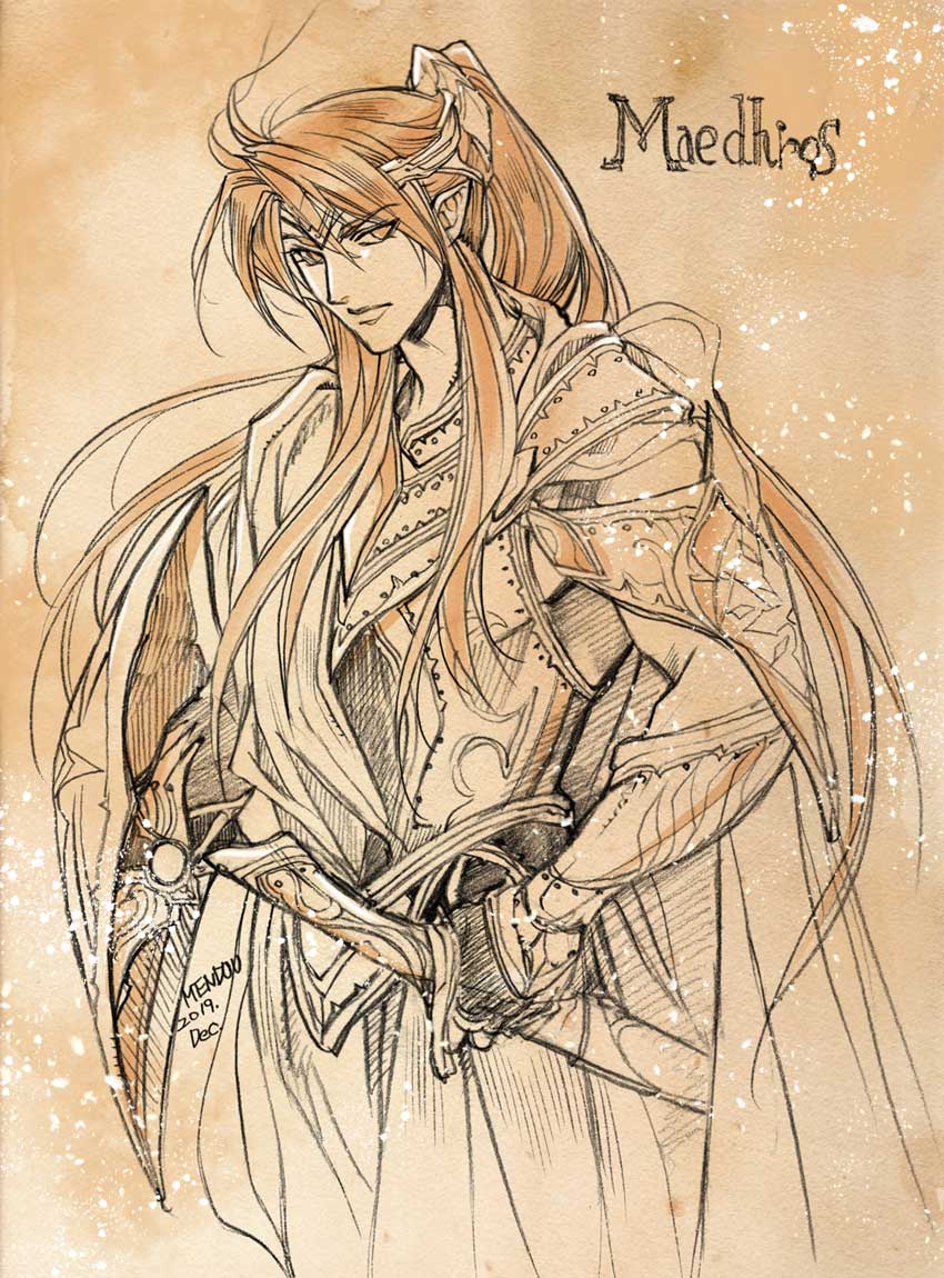 1boy armor breastplate cape character_name closed_mouth cowboy_shot dated hair_between_eyes holding holding_sword holding_weapon kazuki-mendou loincloth looking_at_viewer maedhros male_focus one-hour_drawing_challenge pauldrons ponytail shoulder_armor signature silmarillion solo standing sword traditional_media weapon