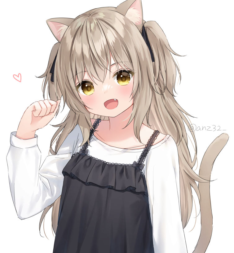 1girl :d animal_ear_fluff animal_ears anz32 cat_ears cat_girl cat_tail fang light_brown_hair long_hair open_mouth original shirt smile tail twitter_username two_side_up white_shirt yellow_eyes