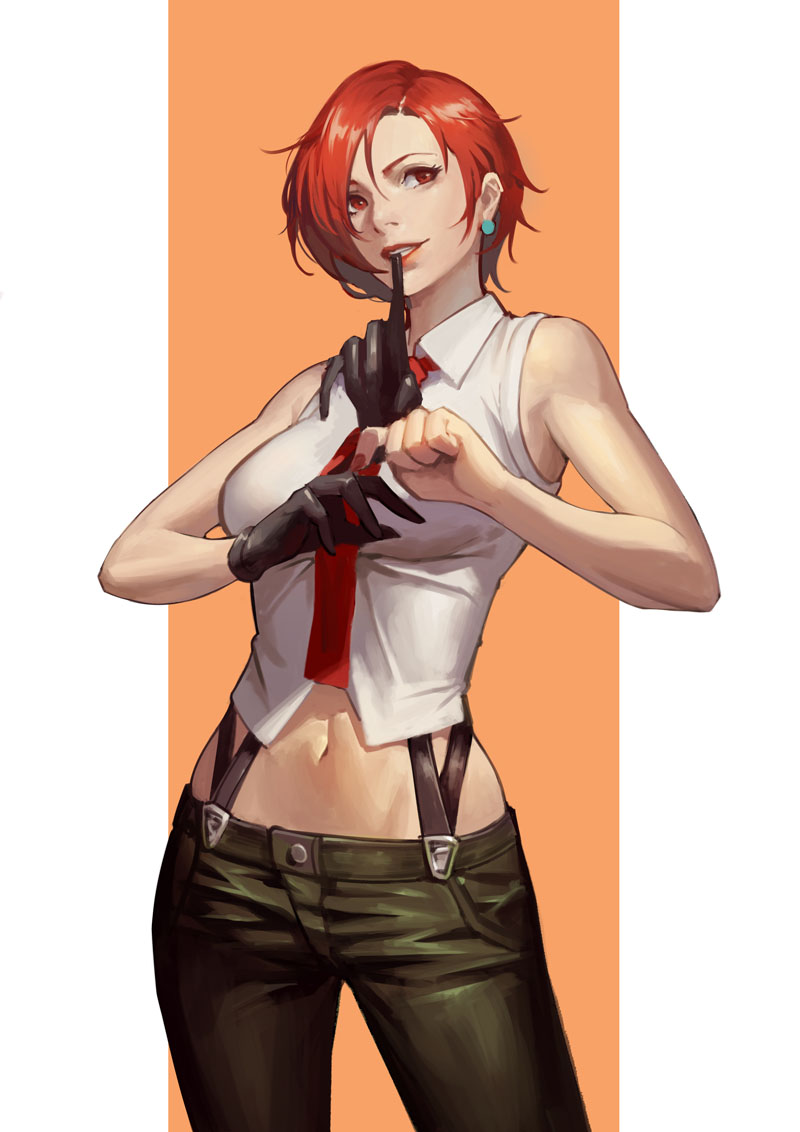 1girl bare_shoulders blue_eyes breasts gloves looking_at_viewer makeup mature_female midriff navel necktie pants phamoz red_eyes redhead shirt short_hair sleeveless smile solo suspenders the_king_of_fighters vanessa_(kof)