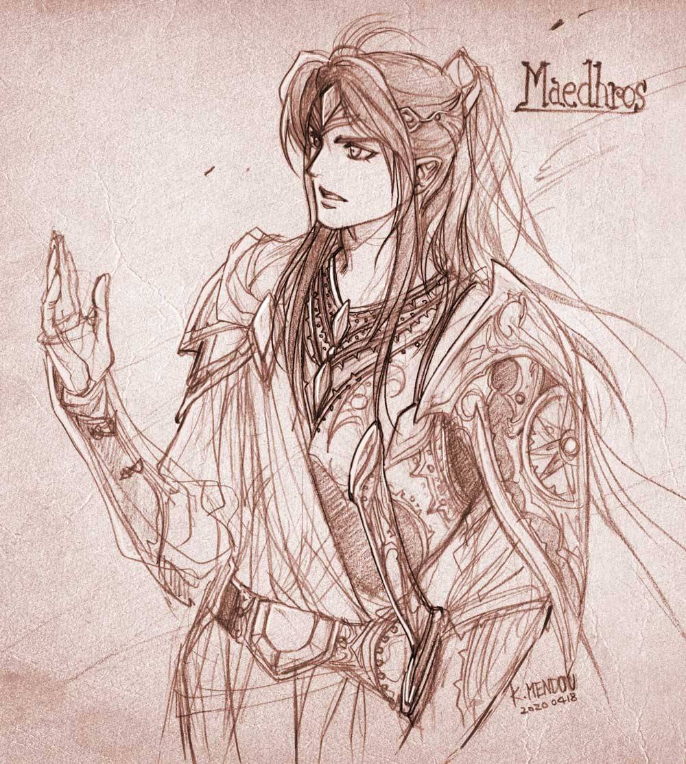 1boy armor brown_theme dated hand_up kazuki-mendou maedhros male_focus monochrome one-hour_drawing_challenge open_mouth pauldrons ponytail shoulder_armor signature silmarillion sketch solo sword weapon