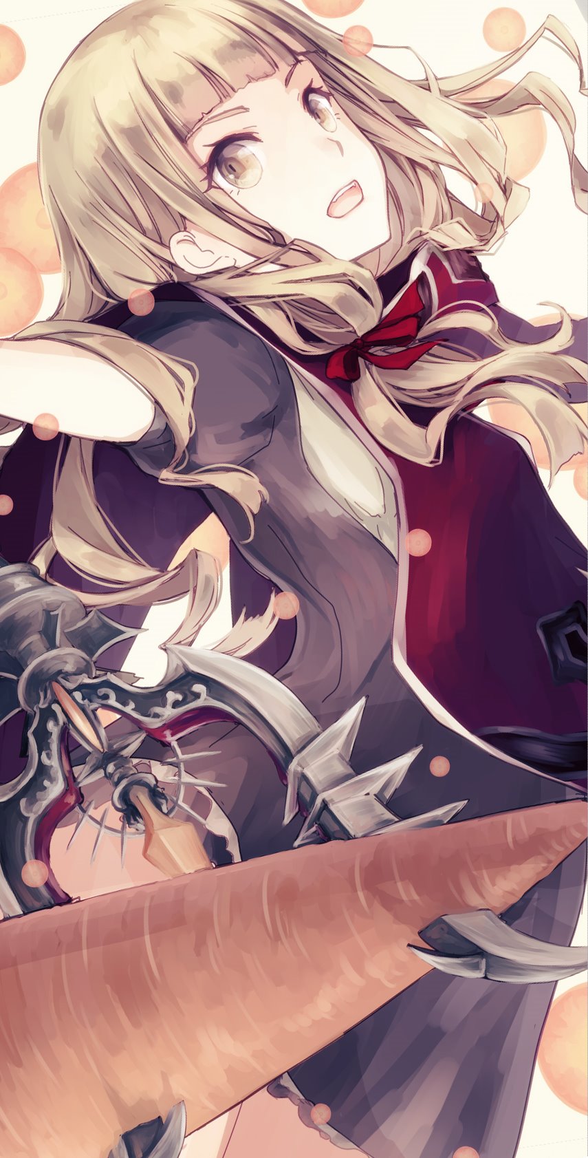 1girl bangs blonde_hair cape carrot energy_ball hair_ribbon highres holding holding_polearm holding_weapon little_red_riding_hood_(sinoalice) long_hair looking_at_viewer moo_alice_moo open_mouth orange_eyes polearm ribbon sinoalice solo wavy_hair weapon white_background