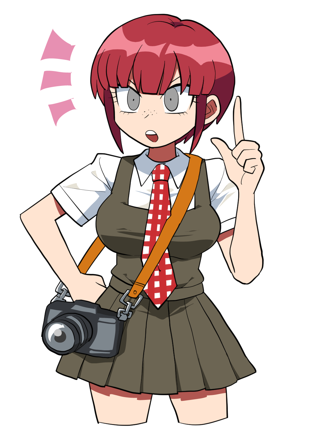 1girl bangs black_eyes blunt_bangs breasts camera collared_shirt commentary_request cowboy_shot cropped_legs dangan_ronpa_(series) dangan_ronpa_2:_goodbye_despair english_commentary freckles furukawa_(yomawari) green_eyes green_skirt green_vest hand_on_hip hand_up highres holding index_finger_raised koizumi_mahiru large_breasts miniskirt necktie open_mouth pale_skin plaid_neckwear pleated_skirt redhead shirt short_hair short_sleeves simple_background skirt solo vest white_background white_shirt