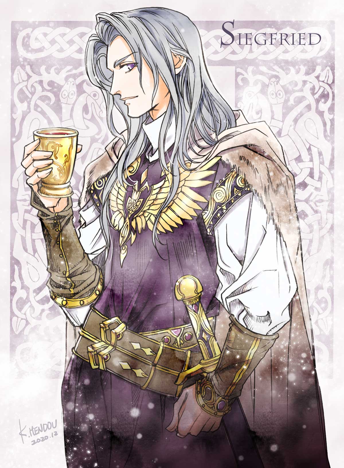 1boy brown_cape cape character_name closed_mouth dated from_side goblet grey_hair highres kazuki-mendou looking_at_viewer male_focus nibelungenlied profile purple_robe robe scabbard sheath sheathed sideways_glance siegfried_(nibelungenlied) signature smile solo standing sword violet_eyes weapon