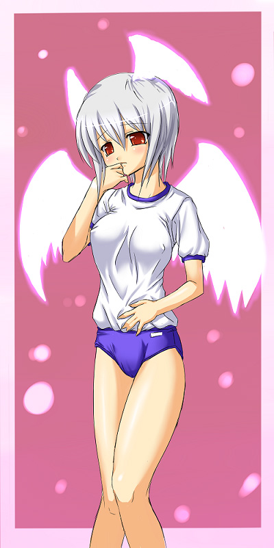 altima buresu buruma final_fantasy final_fantasy_tactics grey_hair gym_uniform head_wings headwings short_hair silver_hair solo ultima_(fft) wings