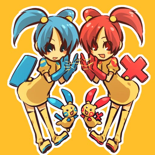 2girls blue_eyes blue_hair blush blush_stickers boots cat's_cradle cosplay gloves hitec loli minun moemon multiple_girls personification plusle pokemon pokemon_(creature) pokemon_(game) pokemon_rse red_eyes red_hair redhead siblings simple_background thigh-highs thigh_boots thighhighs twins twintails yellow_background