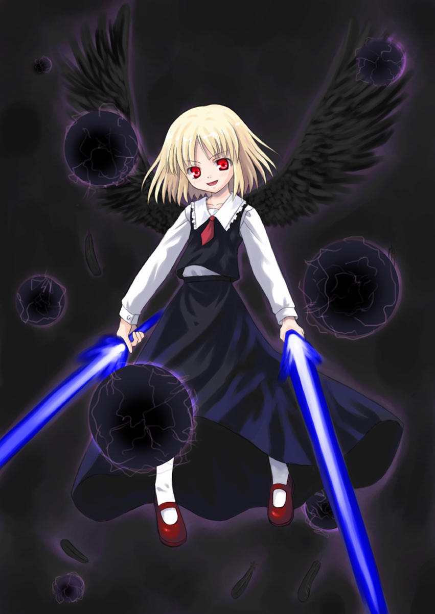 black_wings blonde_hair darkness energy_sword ex-rumia ex_rumia feathers highres necktie red_eyes rumia short_hair solo sword touhou weapon wings