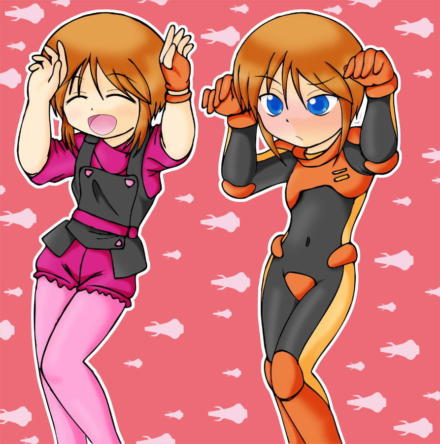 bodysuit caramelldansen casual closed_eyes elpeo_puru elpie_ple fingerless_gloves gloves gundam gundam_zz kut_(kut_house) orange_hair pantyhose pilot_suit pink_legwear ple_2 puru puru_two short_hair