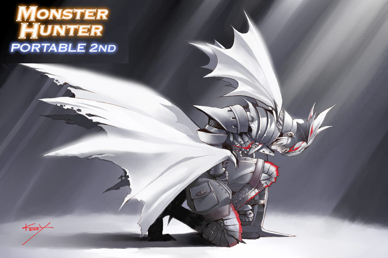 bent_over boots clenched_hand closed_eyes fatalis_(armor) gloves hand_on_thigh helmet kenzy kneeling monster_hunter monster_hunter_portable_2nd pouch profile shadow shield short_hair signature solo strap sunbeam sunlight torn_clothes white_hair wings