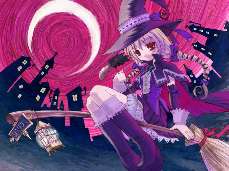 800x600 blonde_hair broom broom_riding drill_hair fairy hair_ribbon hair_ribbons long_hair moon night original red_eyes ribbon sky twintails wallpaper wand witch