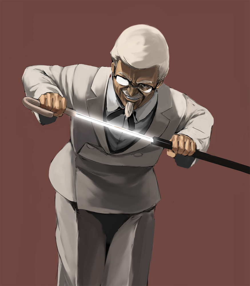 colonel_sanders facial_hair formal glasses grin kfc kfc_(company) kuroko_(piii) male moustache mustache old_man piii sheath shiny smile string_tie suit sword sword_cane unsheathing weapon white_hair you_gonna_get_raped