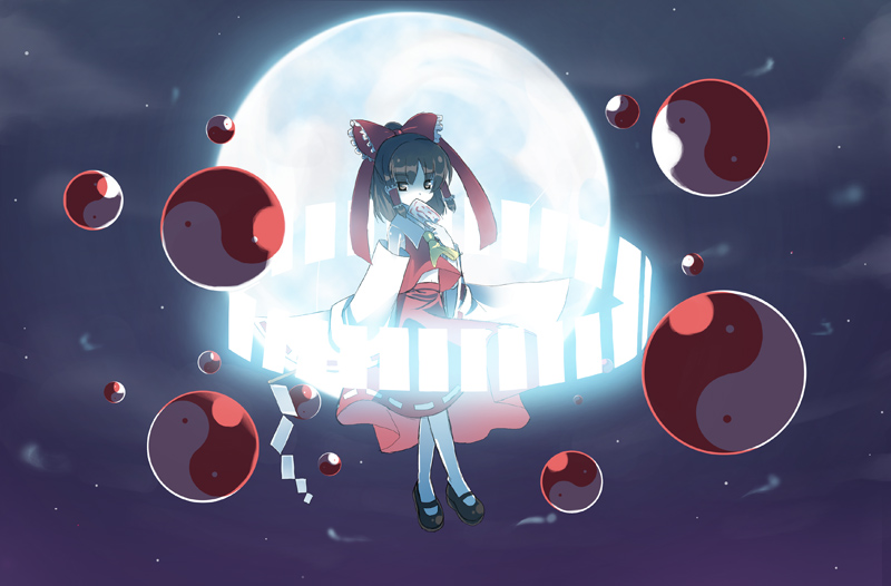 ascot bow brown_hair detached_sleeves floating full_moon glowing gohei hair_bow hair_tubes hakurei_reimu japanese_clothes looking_at_viewer miko moon night ofuda omiso omiso_(omiso) solo touhou wide_sleeves yin_yang