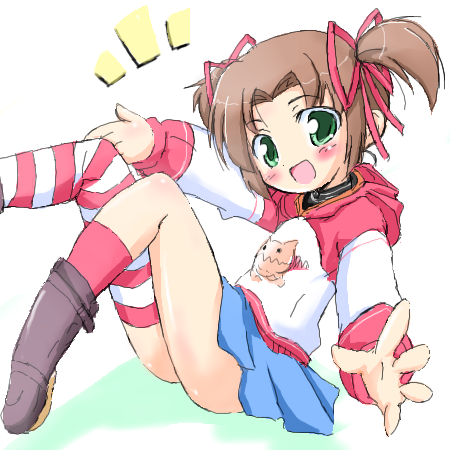 blush bow brown_hair green_eyes hair_bow kojima_tsuma lowres miniskirt mismatched_legwear raglan_sleeves ribbon shadow short_hair simple_background skirt socks striped striped_legwear striped_thighhighs thigh-highs thighhighs twintails yuuna yuuna_(baby_princess) zettai_ryouiki