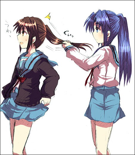 crossover genderswap hair_pull kyon kyonko ponytail school_uniform suzumiya_haruhi_no_yuuutsu