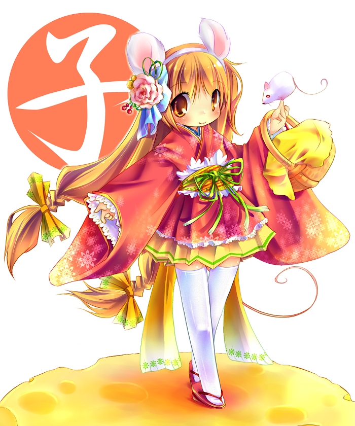 blonde_hair brown_eyes cheese hair_ribbon hair_ribbons japanese_clothes kimono kimono_skirt minigirl mouse mouse_ears new_year ribbon sakurano_miya tail thigh-highs thighhighs twintails