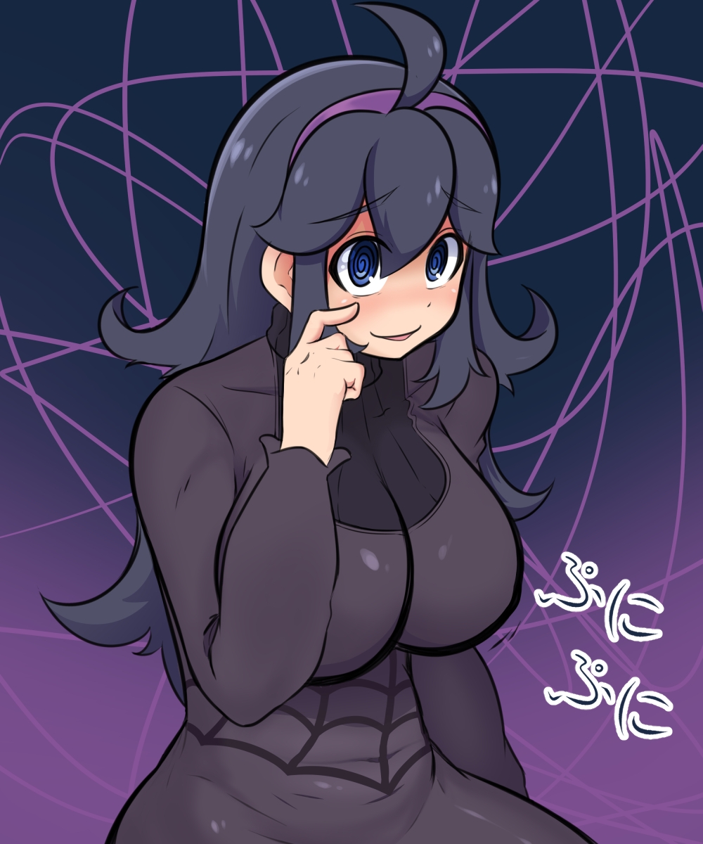 1girl @_@ ahoge alternate_breast_size blue_eyes breasts commentary_request eyebrows_visible_through_hair finger_to_cheek gradient gradient_background hair_between_eyes hairband hex_maniac_(pokemon) highres large_breasts long_hair long_sleeves messy_hair open_mouth pokemon purple_background purple_hair purple_hairband ribbed_sweater solo sweater tomoko908_(nap4342) translation_request turtleneck turtleneck_sweater